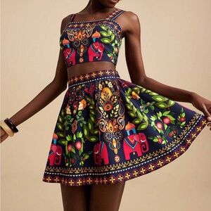 Colorful Elephant Print Crop Top and Skirt Set